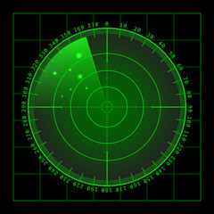 Military green radar screen with target. Futuristic HUD interface. Stock vector illustration.