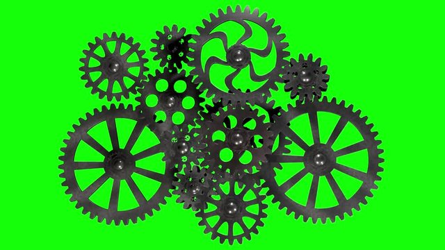 Metal gear mechanism rotates slowly on a green background, 3D rendering