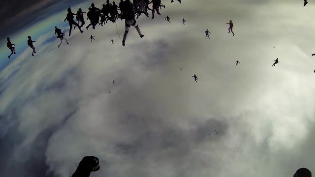 Many skydivers falling in grey sky. Making huge formation. Extreme. Cloudness sky