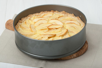 Traditional Homemade Apple Pie With Creamy Custard. Linen Napkin
