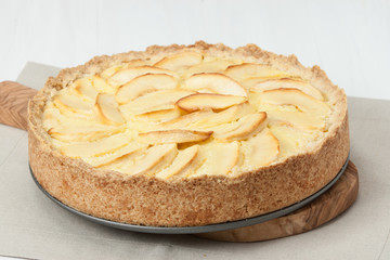 Traditional Homemade Apple Pie With Creamy Custard. Linen Napkin