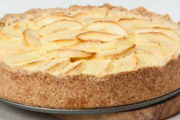 Traditional Homemade Apple Pie With Creamy Custard. Linen Napkin
