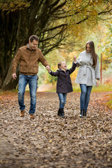 Naklejka na ściany i meble Lovely family walking in the autumn forest. Happy parents enjoying fresh air and beautiful nature, holding hands, talking, smiling and laughing. Healthy lifestyle 