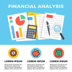 Financial analysis concept. Documents, files with charts, diagrams, forms, calculator, pen and magnifying glass. Modern website template, web banner and flat icons set. Flat design vector illustration