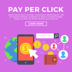 Pay per click concept. Mobile phone, gold coins, cursor icon, wallet, Earth, etc. Modern graphic elements for web banners, infographics, web design, printed materials. Flat design vector illustration