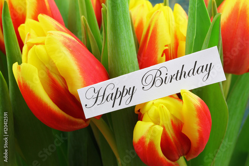 &ldquo;Happy Birthday card with background of colorful tulips " Stock photo