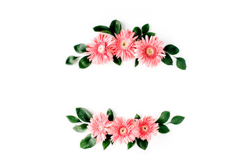 Pink gerbera daisy on white background. Flat lay. Frame wreath