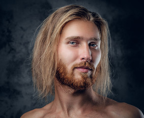 Close up studio portrait of redhead bearded male.