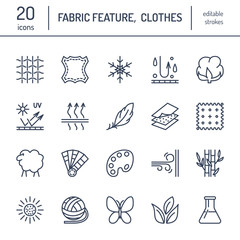 Vector line icons of fabric feature, garments property symbols. Elements - cotton, wool, waterproof, uv protection. Linear wear labels, textile industry pictograms with editable stroke for clothes.