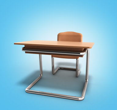 school desk and chair 3d render on blue gradient background