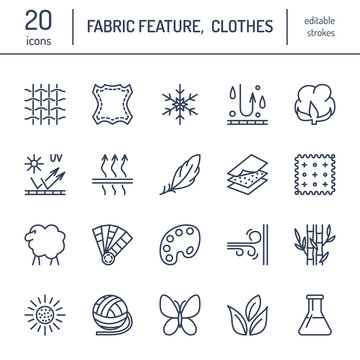 Vector line icons of fabric feature, garments property symbols. Elements - cotton, wool, waterproof, uv protection. Linear wear labels, textile industry pictograms with editable stroke for clothes.
