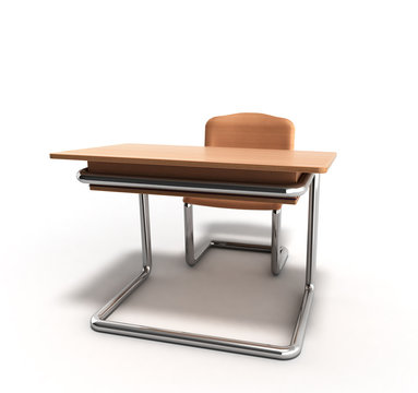school desk and chair 3d render on white background