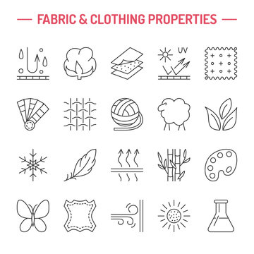 Vector line icons of fabric feature, garments property symbols. Elements - cotton, wool, waterproof, uv protection. Linear wear labels, textile industry pictograms for clothes.