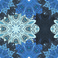 Pastel blue vector seamless pattern with flowery mandalas print made in oriental style. Design for wrapper, decoration, carpet or textile.