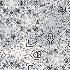 White and grey vector seamless pattern with flowery mandala print made in oriental style. Design for wrapper, decoration, carpet or textile.
