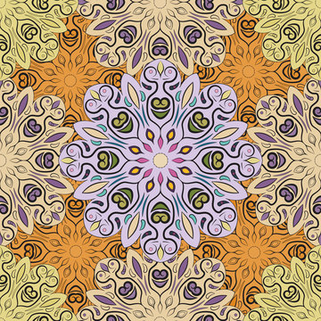 Pastel vector seamless pattern with flowery mandalas print made in oriental style. Design for wrapper, decoration, carpet or textile.