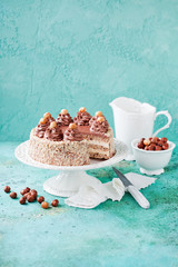 Meringue hazelnut cake with chocolate cream, selective focus