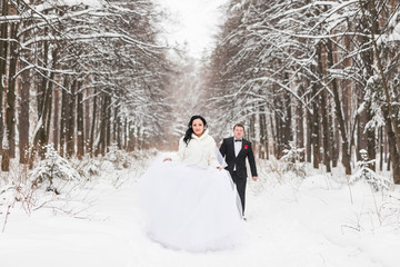 Happy bride and groom in winter wedding day