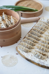 Raw Homemade Chinese Dumplings on Wooden Board