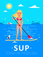 Beautiful girl doing Stand Up Paddling on Paddle Board on Water at Seaside. Stand Up Paddle Workout. Vector flat design illustration. Travel and entertainment theme. Health care. Beautiful nature. SUP