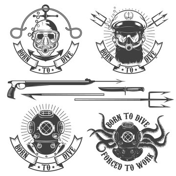 Set of diver emblems. Diving club or school emblem template. Des