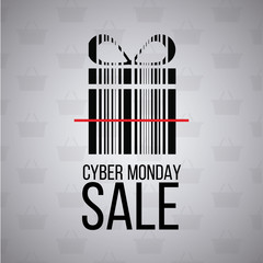 cyber monday, gift box in code bars over gray color backdrop