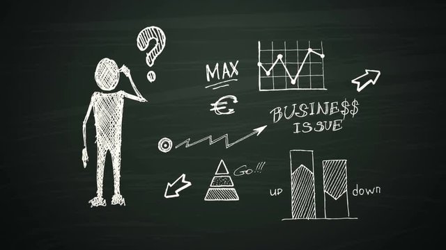 Business man infographic visualization of project issue, idea, solution planning, execution and success with charts and graphs available in 4k UHD FullHD and HD chalkboard video animation footage