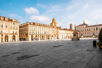 Fototapeta na wymiar Castle square with saint Lawrence church in Turin old city center in Piedmont region in Italy