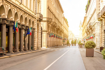 Rome central pedestrian street in Turin city in the morning in Italy