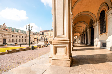 Arch gallery on San Carlo square in the old city center of Turin in Italy