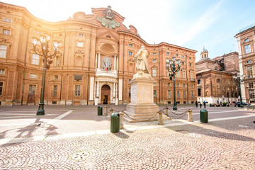 Fototapeta premium Carignano square with Vincenzo Gioberti statue in the old city center of Turin city in Italy