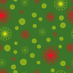 Seamless floral pattern. Yellow and red flowers on a green background. Vector