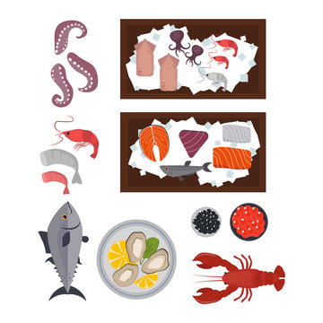 Seafood set design flat fish and crab. Seafood fish, seafood platter, lobster and crab, food oyster, fresh seafood, shrimp and menu sea food, octopus animal, shellfish. Fresh sea food collage