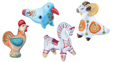 Toy clay. Dymkovo toys. isolated on a white background. watercolor illustration.