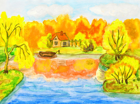 Autumn landscape with house, painting