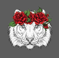 Hand draw portrait of tiger wearing a wreath of flowers. Vector illustration