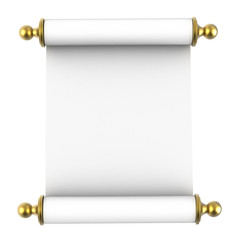 Scroll paper with golden handles isolated on white background. 3D illustration.