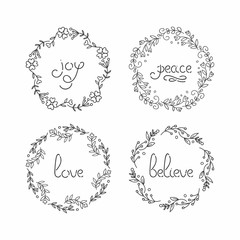 Floral wreath set. Line lettering. Greeting typography.