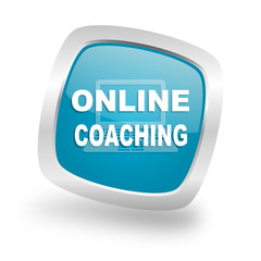 online coaching square blue glossy chrome silver metallic web icon
