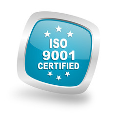 iso 9001 square blue glossy chrome silver metallic web icon
