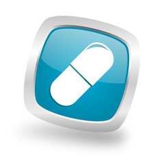 drugs square blue glossy chrome silver metallic web icon