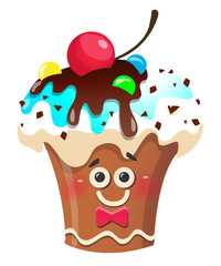 Cartoon cup cake character with cherry. Illustration, clip-art, isolated on white background