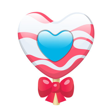 Lovely cute cartoon candy lollipop heart with red bow. Vector illustration, clip-art, isolated on white background