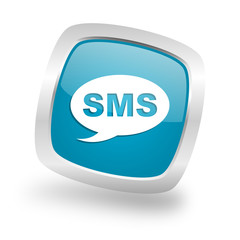 sms square blue glossy chrome silver metallic web icon