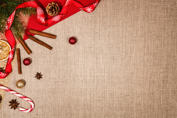 Christmas decoration background over linen cloth.