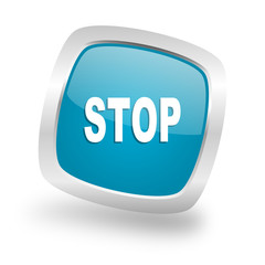 stop square blue glossy chrome silver metallic web icon