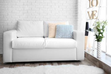 Contemporary interior with bouquet of flowers in vase