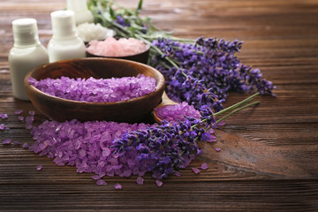 Fototapeta na wymiar Beautiful spa composition with lavender on wooden background
