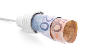 Euro banknotes in socket on white background