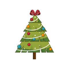 christmas pine tree with balls and red ribbon decoration. vector illustration